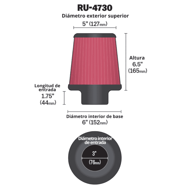 FILTRO DE AIRE K&N ORIGINAL 3" LARGO RU-4730 - Imagen 2