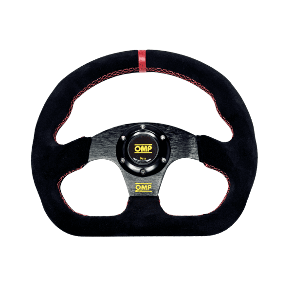Volante OMP Tipo F1 Plano Gamuza Cost. Rojas