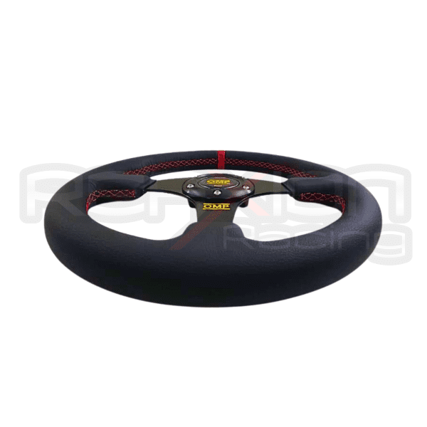 Volante Deportivo OMP Cuero Costuras Rojas Plano - Imagen 3