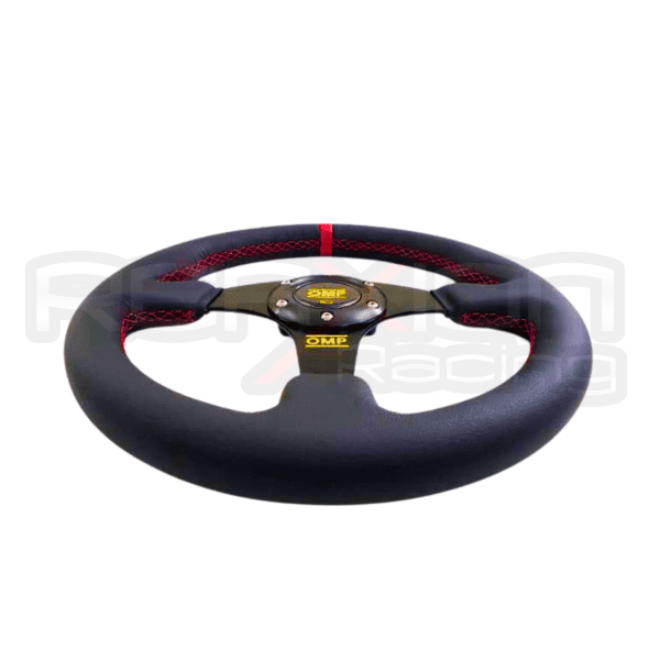 Volante Deportivo OMP Cuero Costuras Rojas Plano - Imagen 2